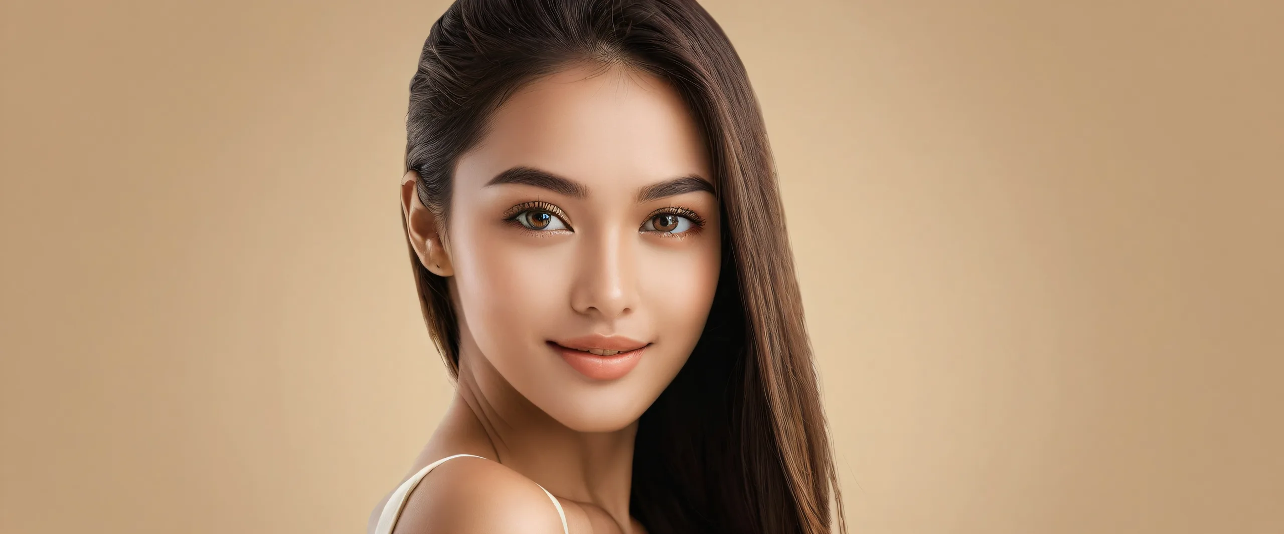 A young woman with a warm smile on a pristine void background for desktop/pc use.