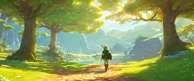 A serene and mystical desktop scene featuring Link's Transaction in a vast, vacío puro con extrema profundidad de campo, perfecto para tu PC o escritorio.