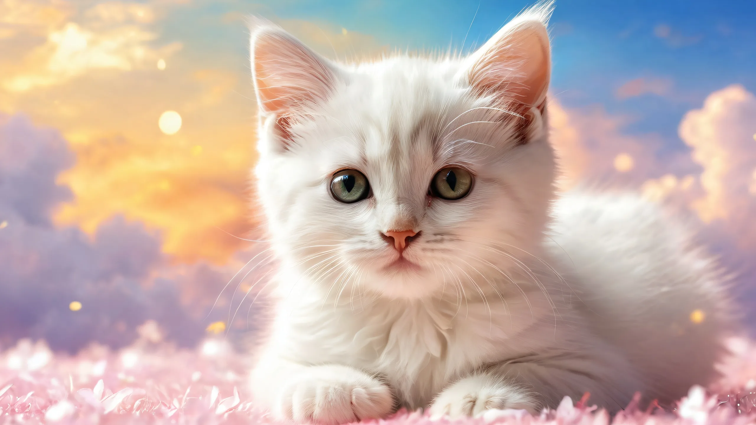 A stunning desktop wallpaper of a kitten amidst fluffy clouds and ethereal lighting on a pristine, pure void background for Desktop/PC use.