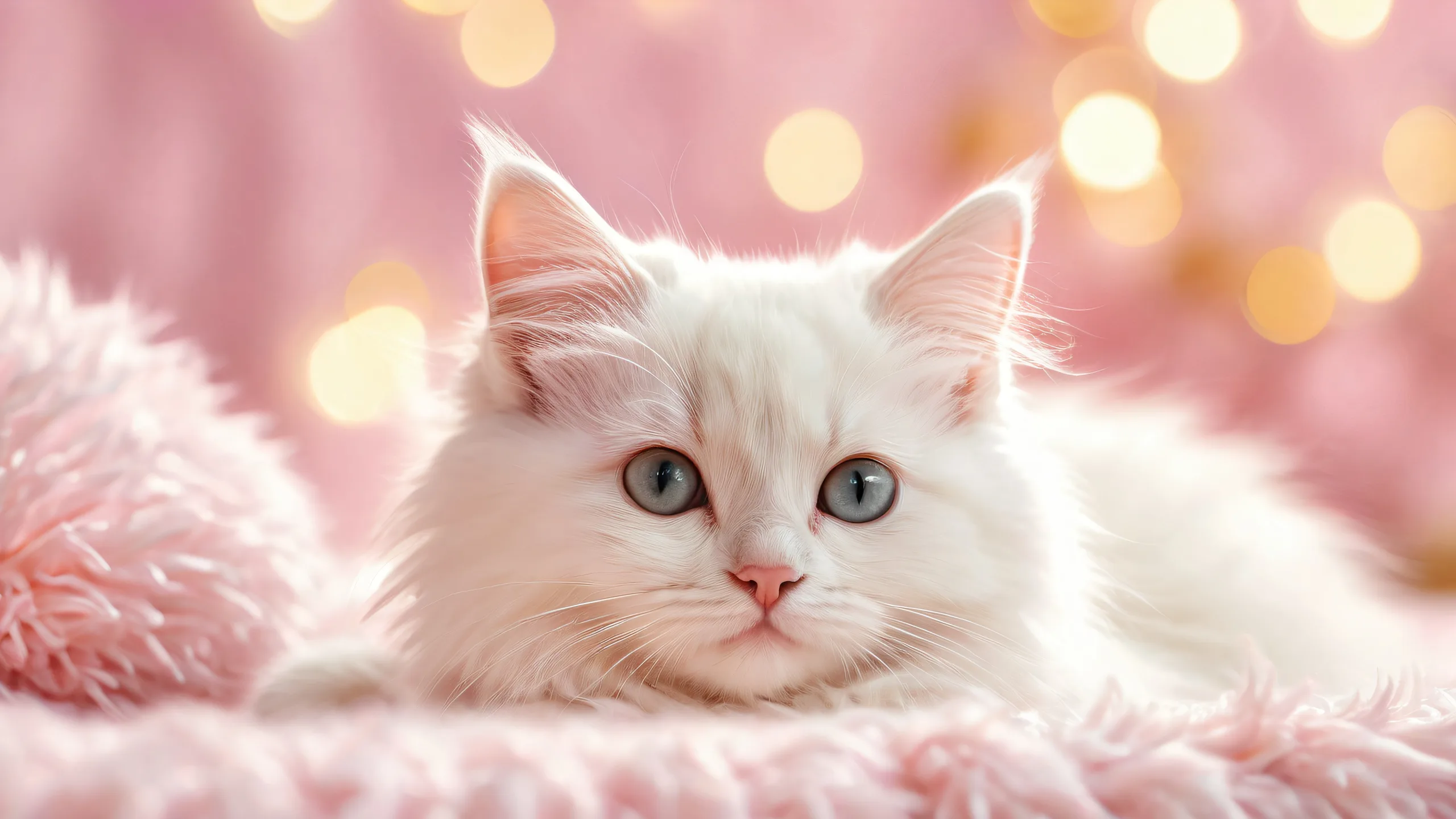 A beautifully crafted digital art piece featuring a kitten on a soft fuzzy cat bed against a vast pure void, perfect for desktop use on your PC or Desktop.