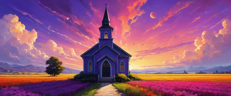 A stunning desktop wallpaper featuring a young goth woman set against a vast pure void with an old black church in the LA backdrop and floating purple haze across fields, perfect for your Desktop/PC.