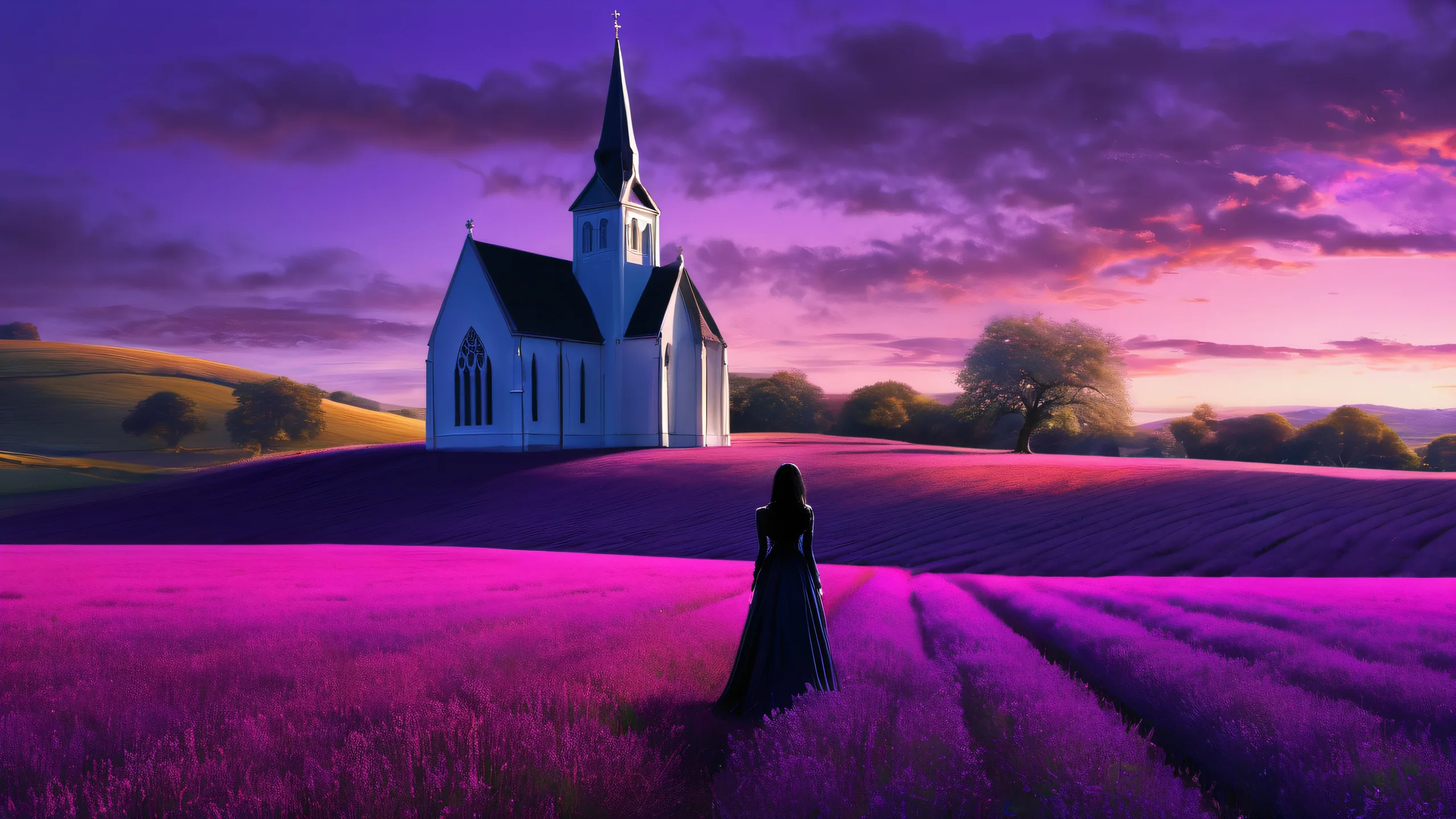 Stunning Ethereal Goth Elegance Wallpaper A stunning desktop wallpaper featuring a young goth woman against a vast, pure void with an LA backdrop and a floating purple haze across fields. Ideal for desktops/PCs.