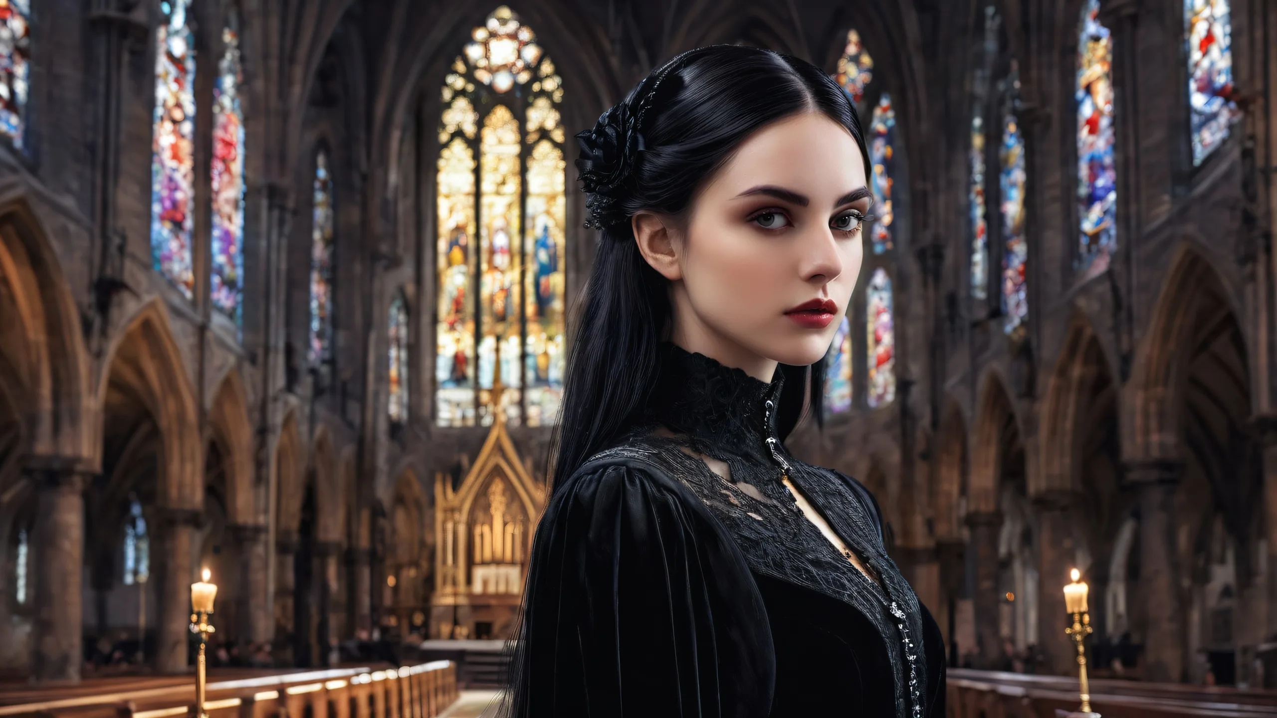 A serene and surreal desktop scene featuring a young goth woman surrounded by the vastness of space, with a LA backdrop and an old black church in the distance. Suitable for desktop/PC.