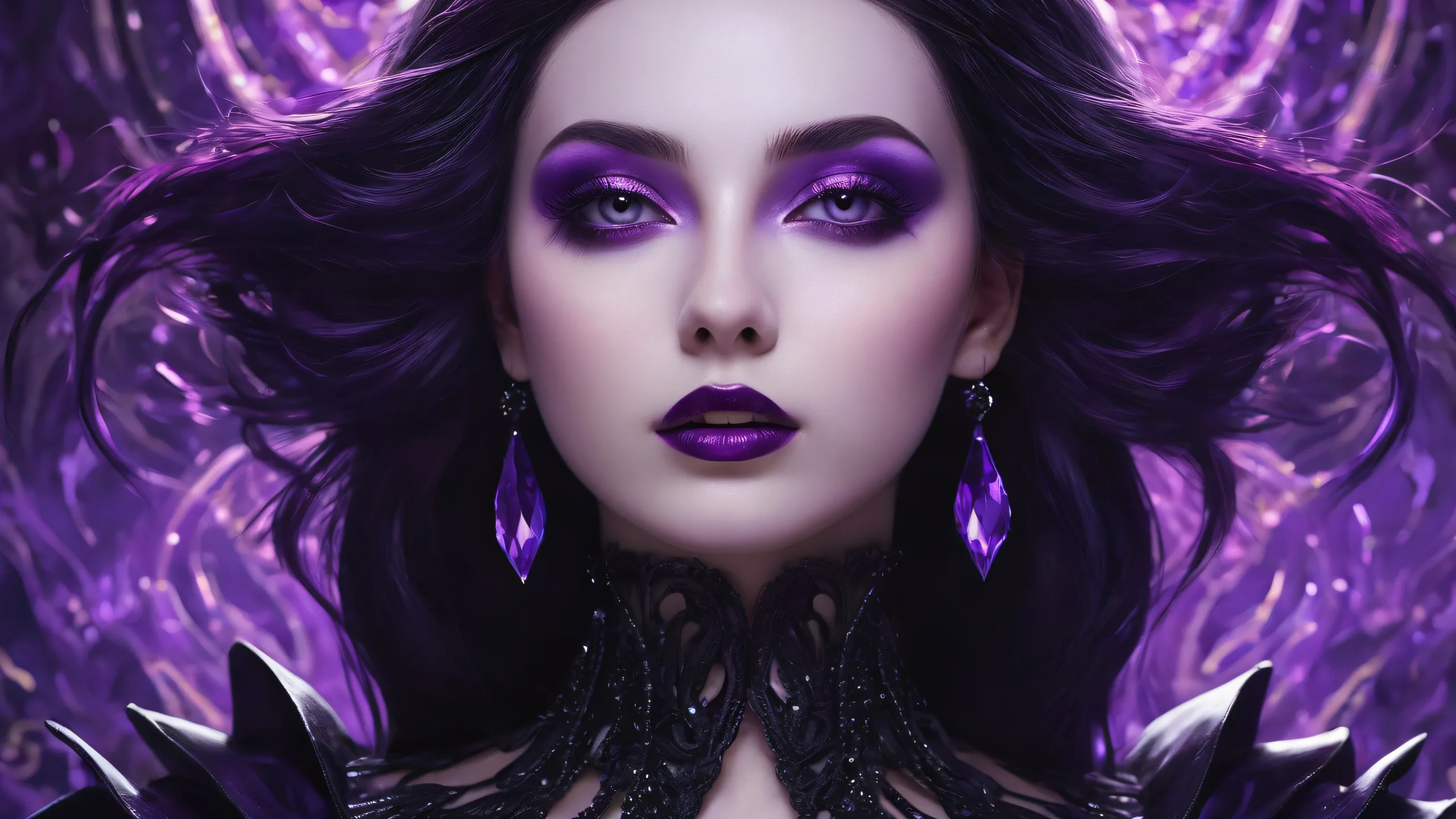 A serene and mystical desktop wallpaper featuring a goth woman standing amidst a vast, pure void, with a LA backdrop and floating purple haze. Suitable for Desktop/PC backgrounds.