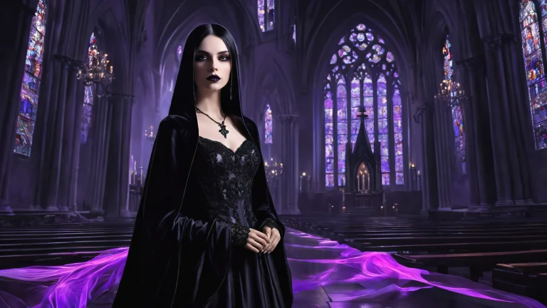 A gothic woman stands amidst a vast, pure void on a Los Angeles backdrop with an old black church. For desktop or PC use.
