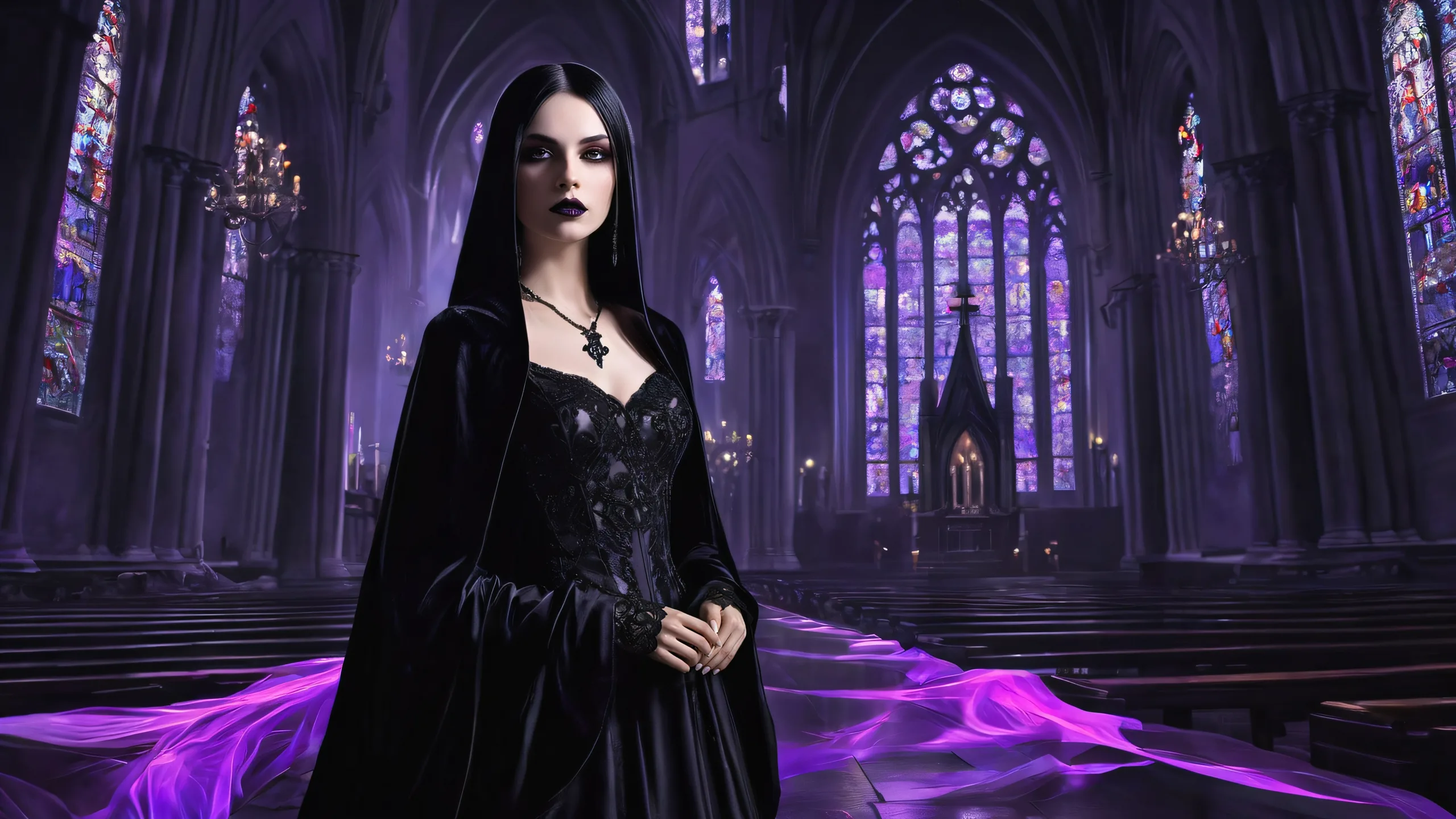 A gothic woman stands amidst a vast, pure void on a Los Angeles backdrop with an old black church. For desktop or PC use.