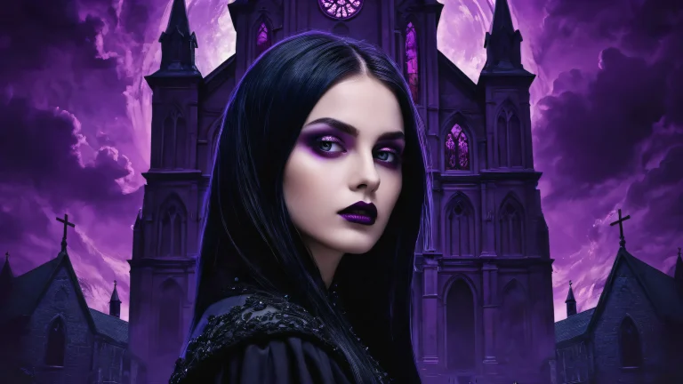 A young goth woman stands in a vast pure void with an LA backdrop featuring an old black church and floating purple haze on a desktop or PC.