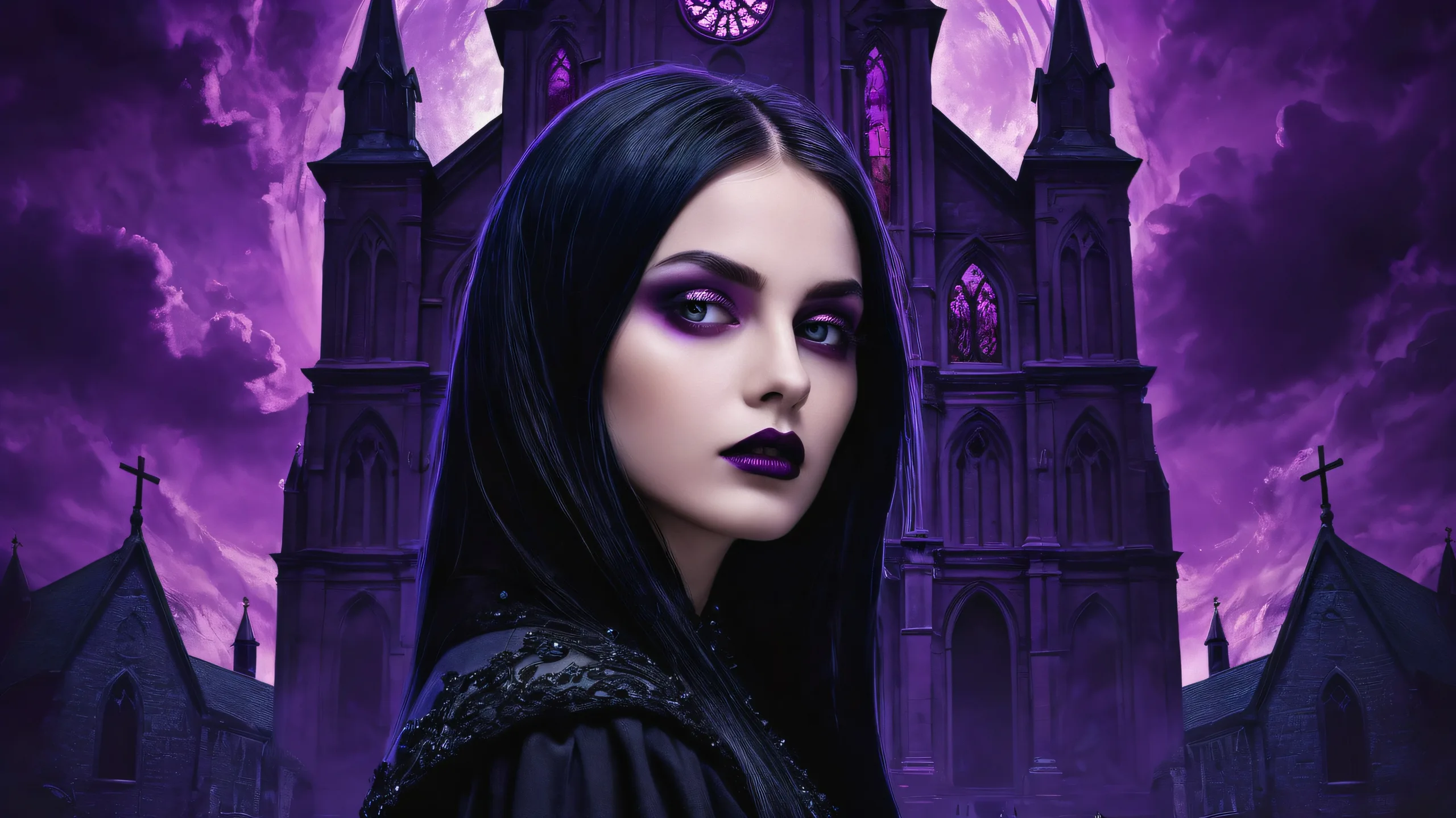 A young goth woman stands in a vast pure void with an LA backdrop featuring an old black church and floating purple haze on a desktop or PC.