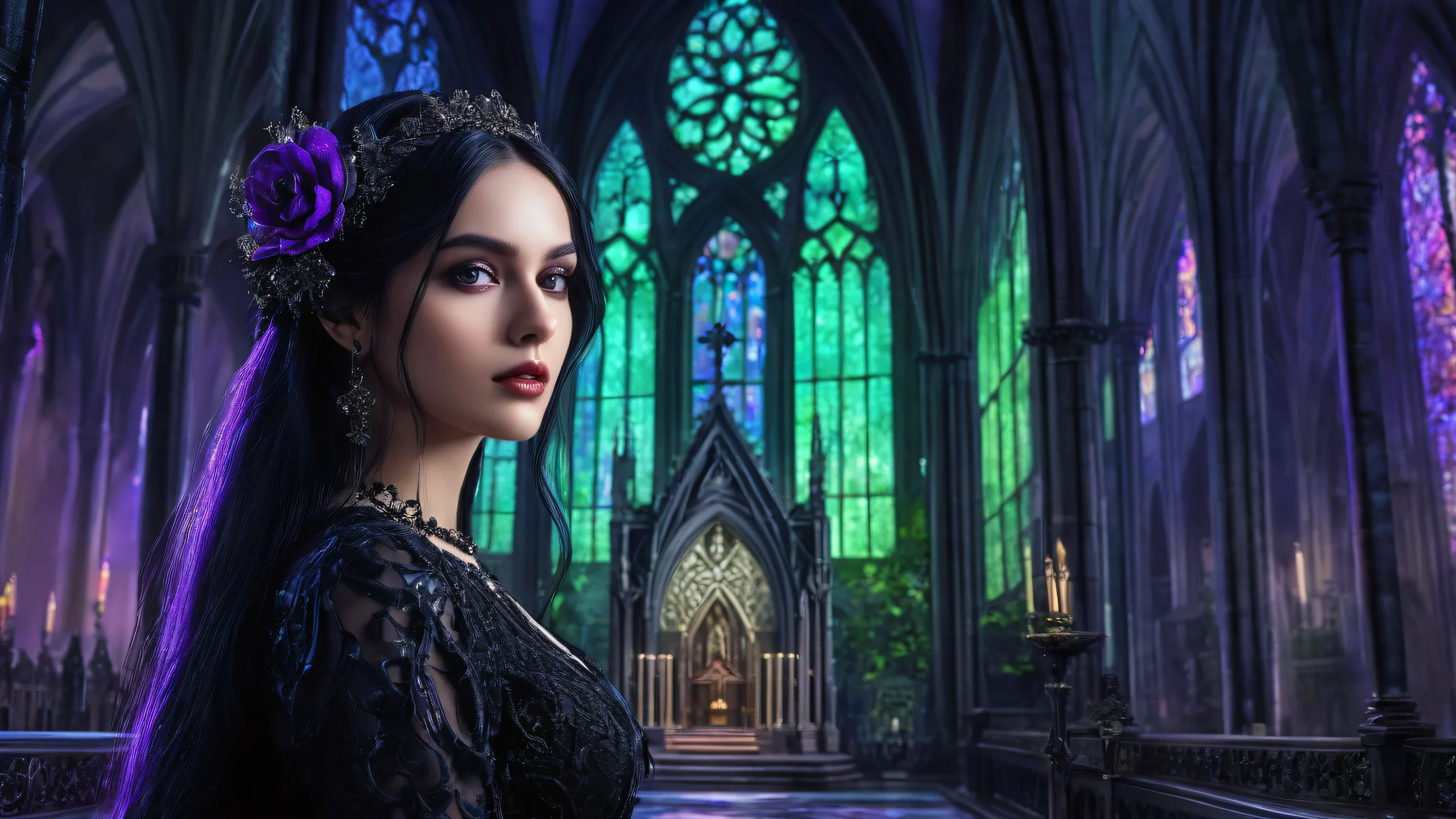 A surreal desktop scene featuring a Gothic woman in a vast, pure void with an LA backdrop and an old black church, suitable for Desktop/PC use.