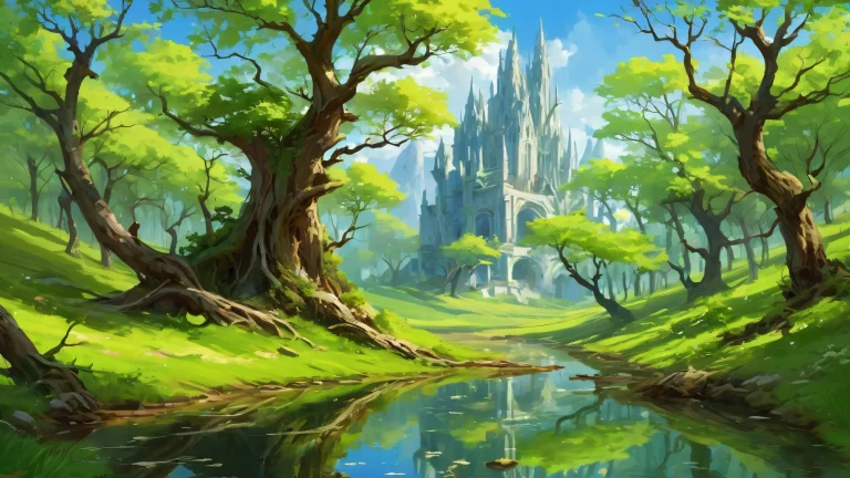 A majestic gothic forest on a desktop/pc, with vibrant green foliage and radiant lighting.