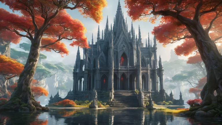 A serene Gothic temple on a pristine void with a distant dark forest and sea, ideal for Desktop/PC backgrounds.