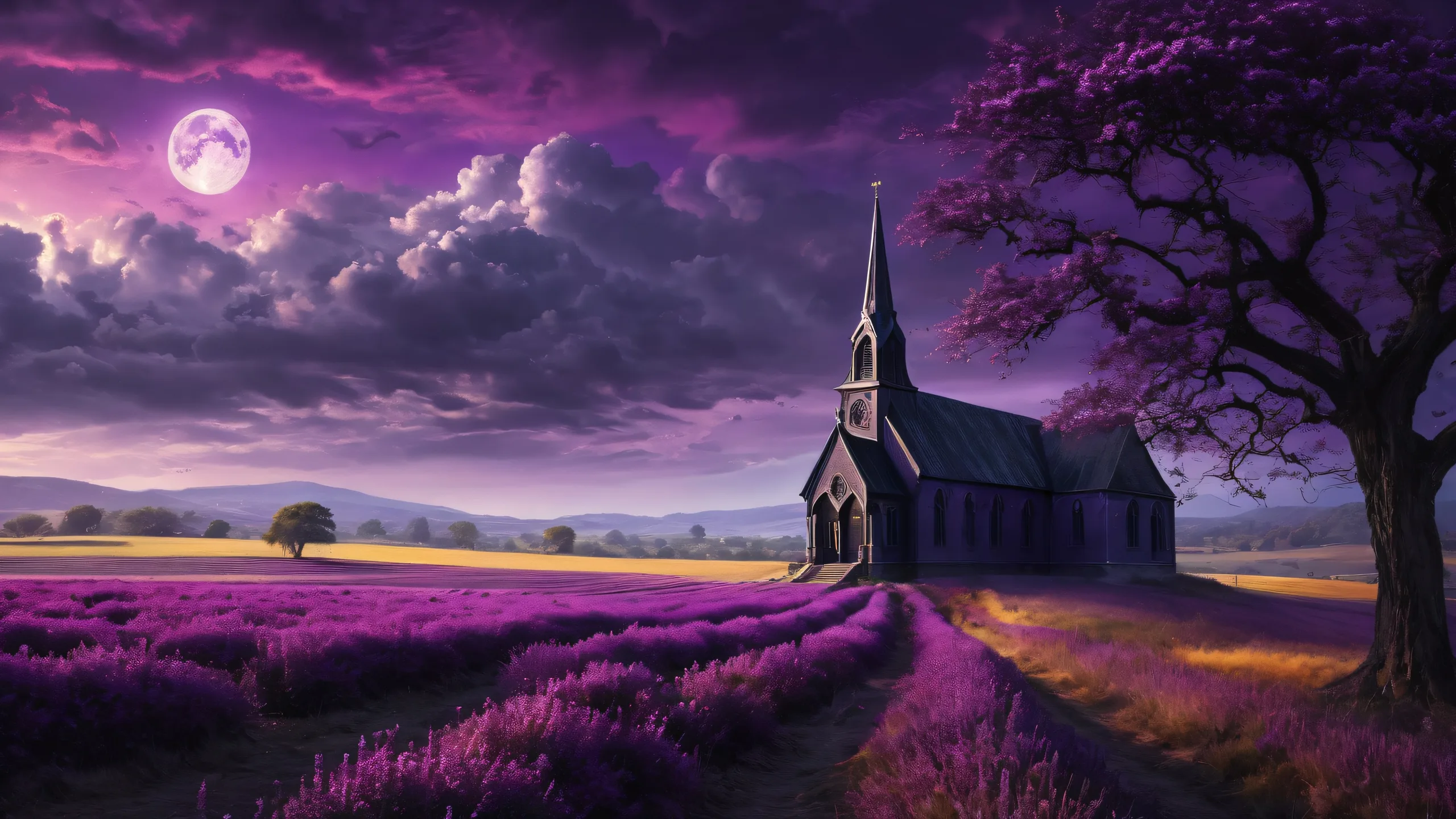 幻想的なゴシックの夜景の美しいPCの壁紙ンゼルスを背景に紫色の霞が漂う、広大で純粋な虚空に立っています。 A beautiful Gothic woman stands in a vast pure void with a Los Angeles backdrop and floating purple haze, perfect for your Desktop/PC.