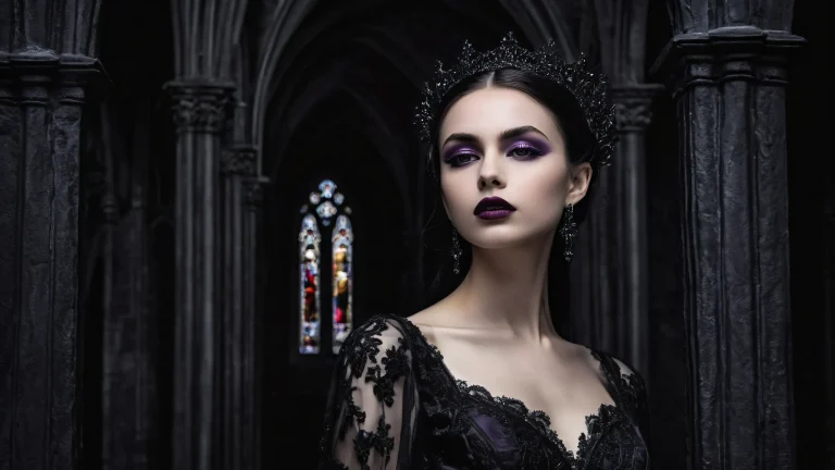 Young Gothic Woman in a pure void with an old black church backdrop for Desktop/PC