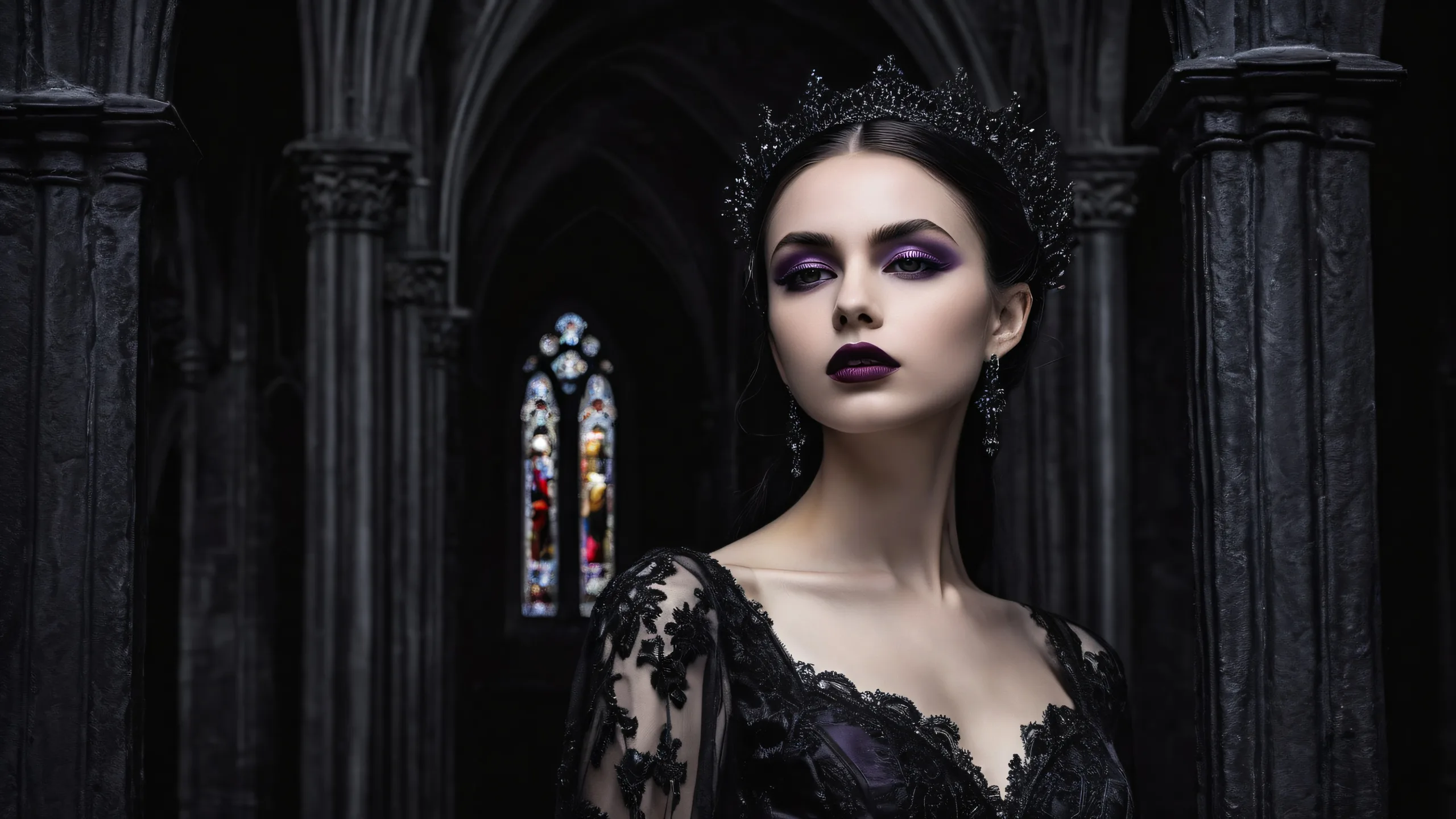 Young Gothic Woman in a pure void with an old black church backdrop for Desktop/PC