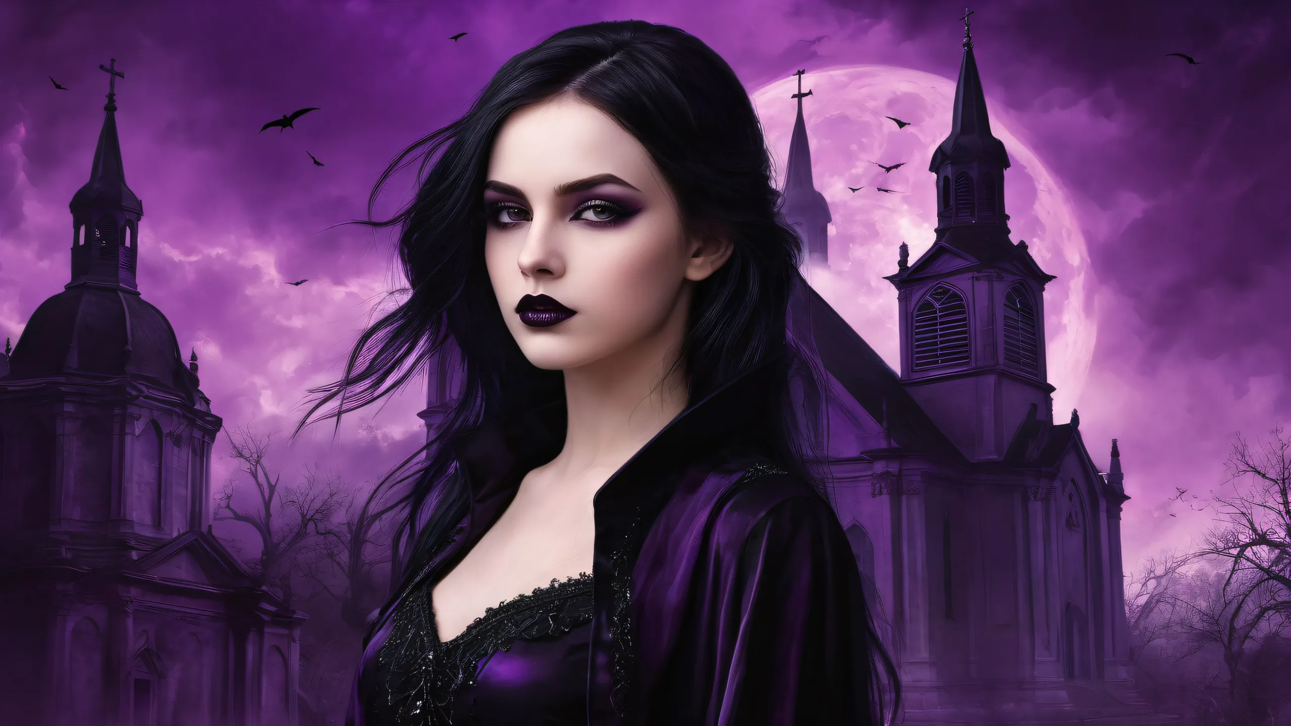 A young goth woman standing in front of a vast pure void with an old black church and purple haze in the LA backdrop for desktop/pc use.