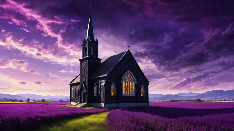 A majestic Goth woman stands amidst a vast, pure void, with an old black church and purple haze in the LA backdrop, perfect for Desktop/PC.