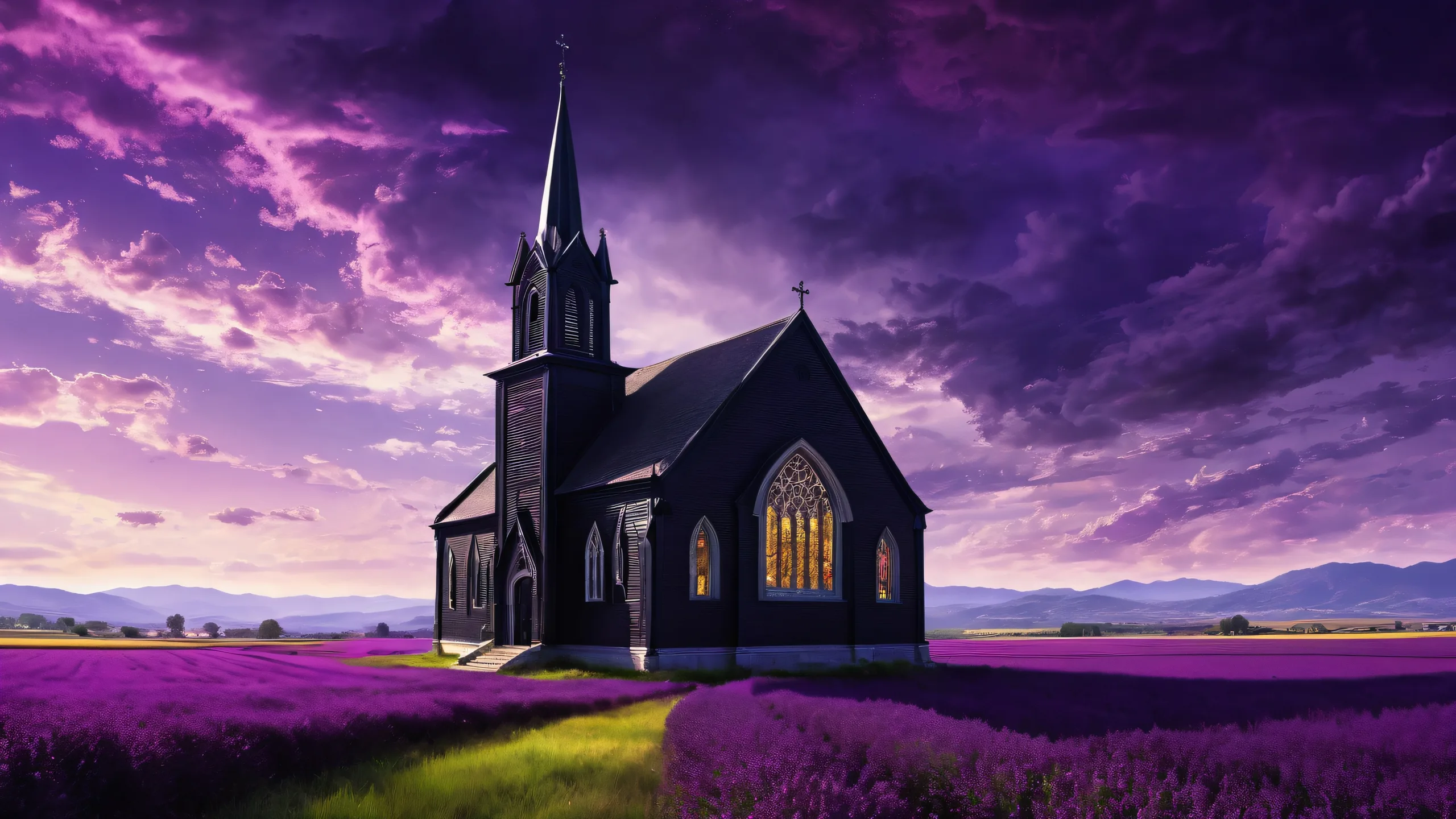 A majestic Goth woman stands amidst a vast, pure void, with an old black church and purple haze in the LA backdrop, perfect for Desktop/PC.