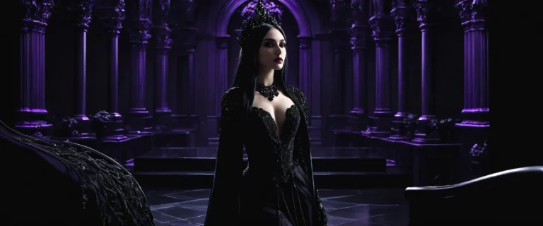 A surreal desktop scene featuring a goth woman amidst a vast, pure void on a deep purple or midnight black background, perfect for any desktop or PC.