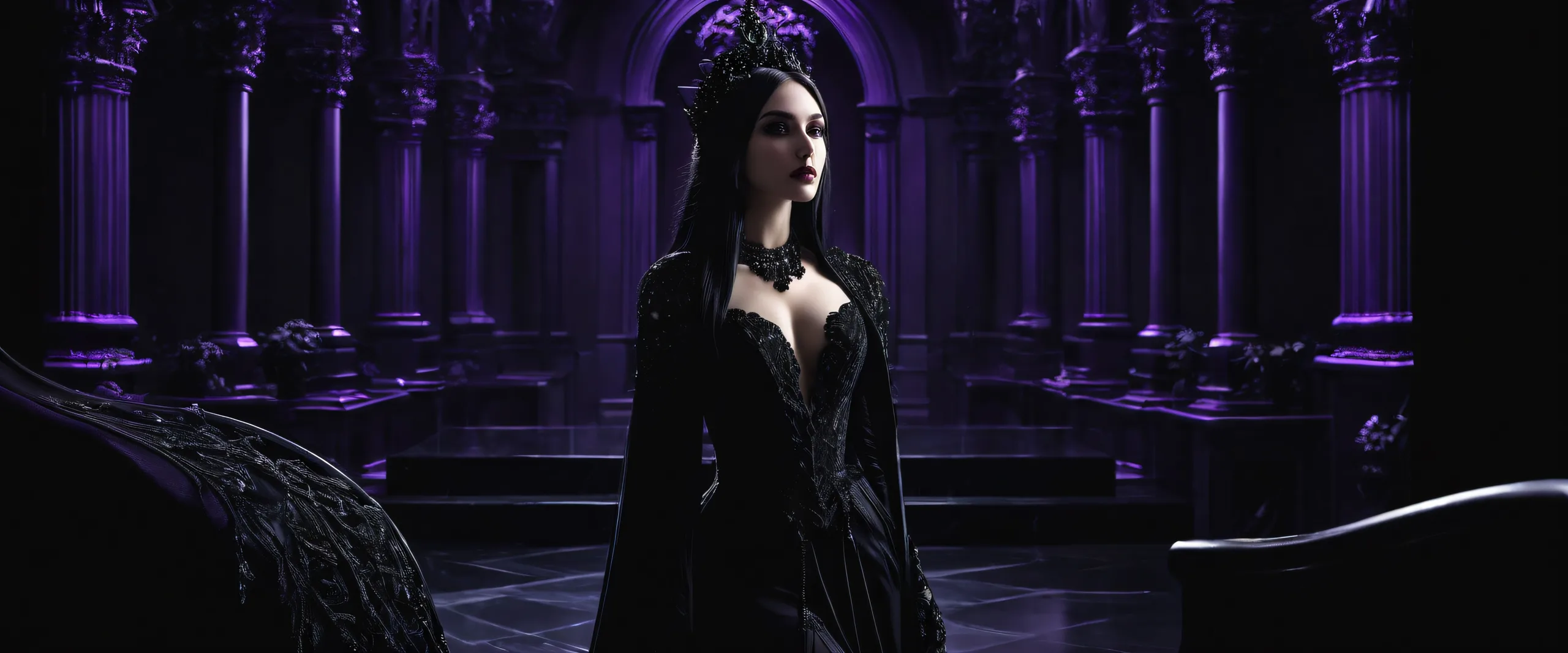 A surreal desktop scene featuring a goth woman amidst a vast, pure void on a deep purple or midnight black background, perfect for any desktop or PC.