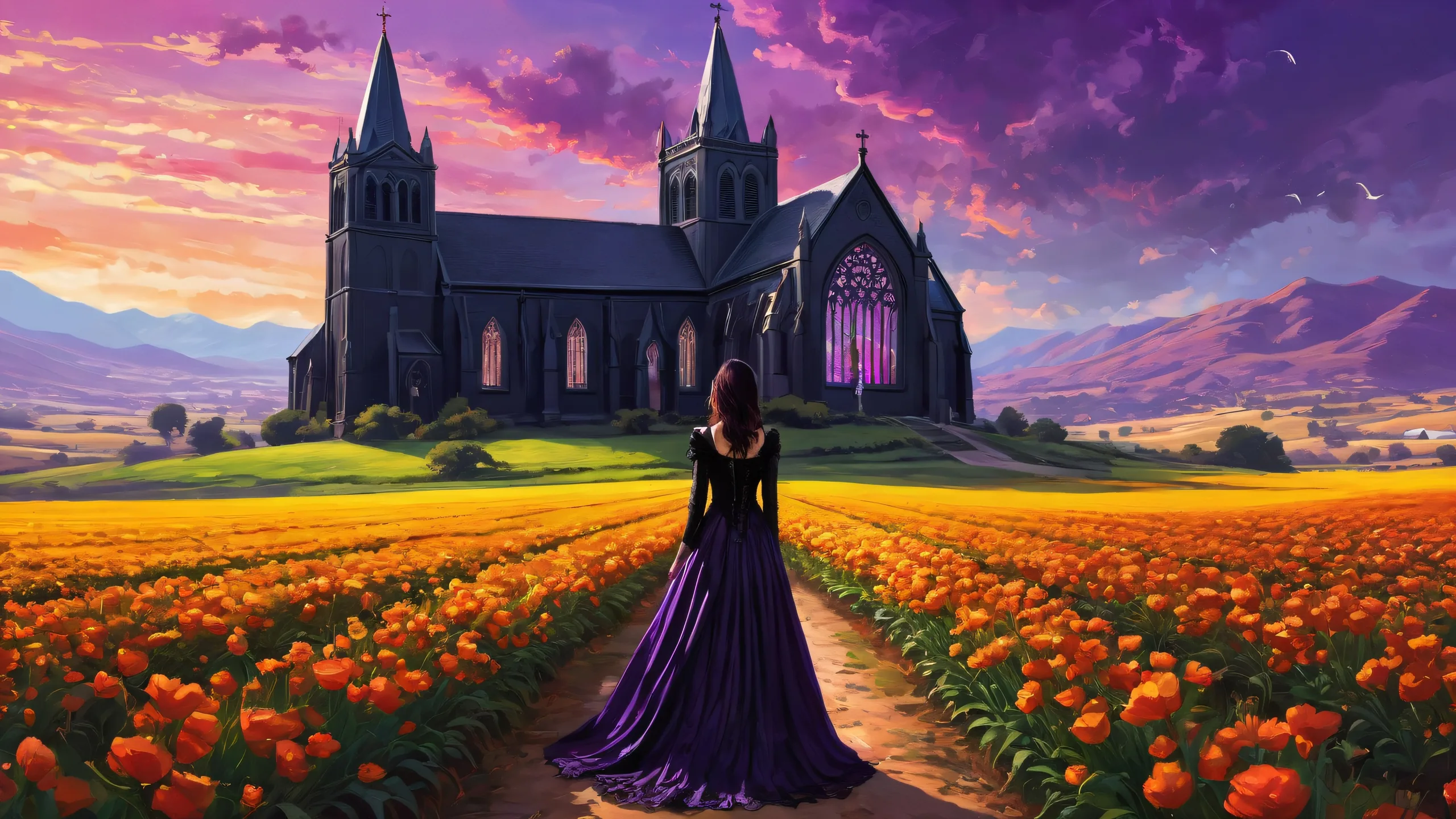 A Gothic woman surrounded by a vast, pure void with fields and an old black church in the LA backdrop on a desktop/pc.