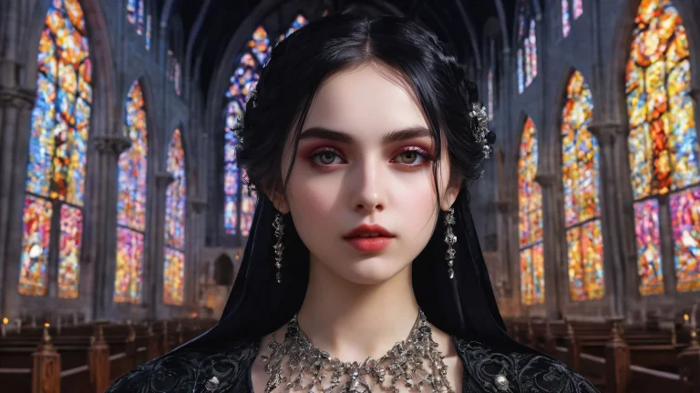 A stunning desktop background featuring a young goth woman standing in front of an old black church against the backdrop of a vast, pure void. Ideal for a desktop or PC.