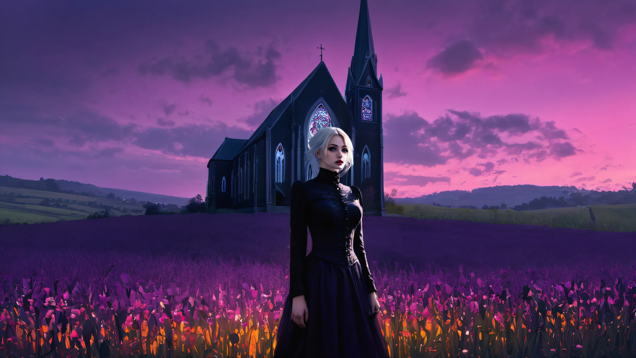 A young goth woman standing in a vast, pure void with an old black church and fields in the distance on a desktop or PC.