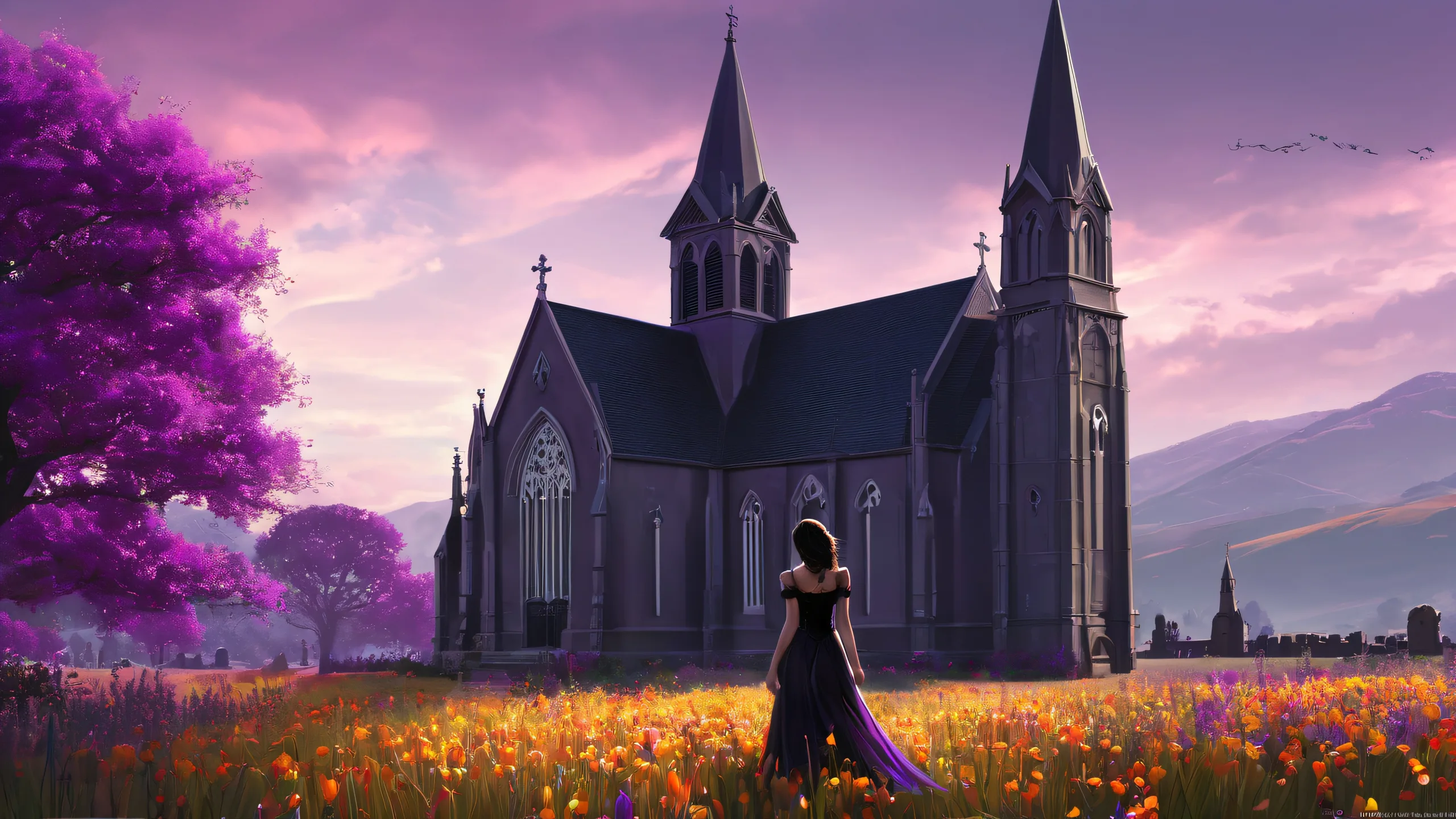 A striking desktop wallpaper of a gothic woman standing in front of an old black church and fields at night, with deep purple and dark gray tones. Suitable for Desktop/PC backgrounds.