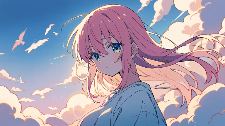 A solo anime girl, Bocchi the Rock!, gazes at the viewer from a perfectly clean and vast pure void, set against a breathtaking sky with seagulls flying in the distance, surrounded by fluffy white clouds.