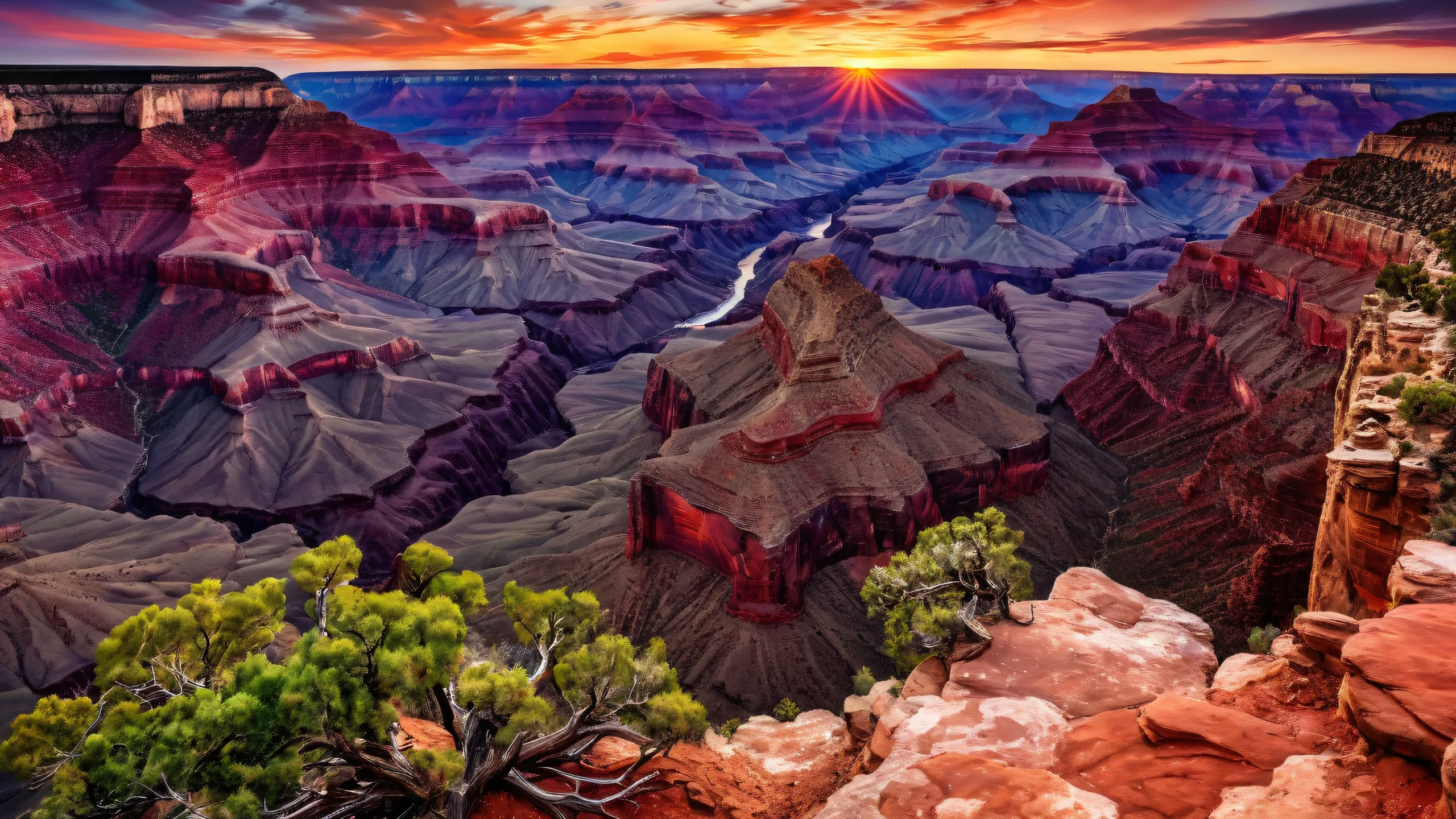 Desktop/PC wallpaper featuring the Grand Canyon at midnight on vernal equinox, with vibrant green foliage and ethereal lighting.