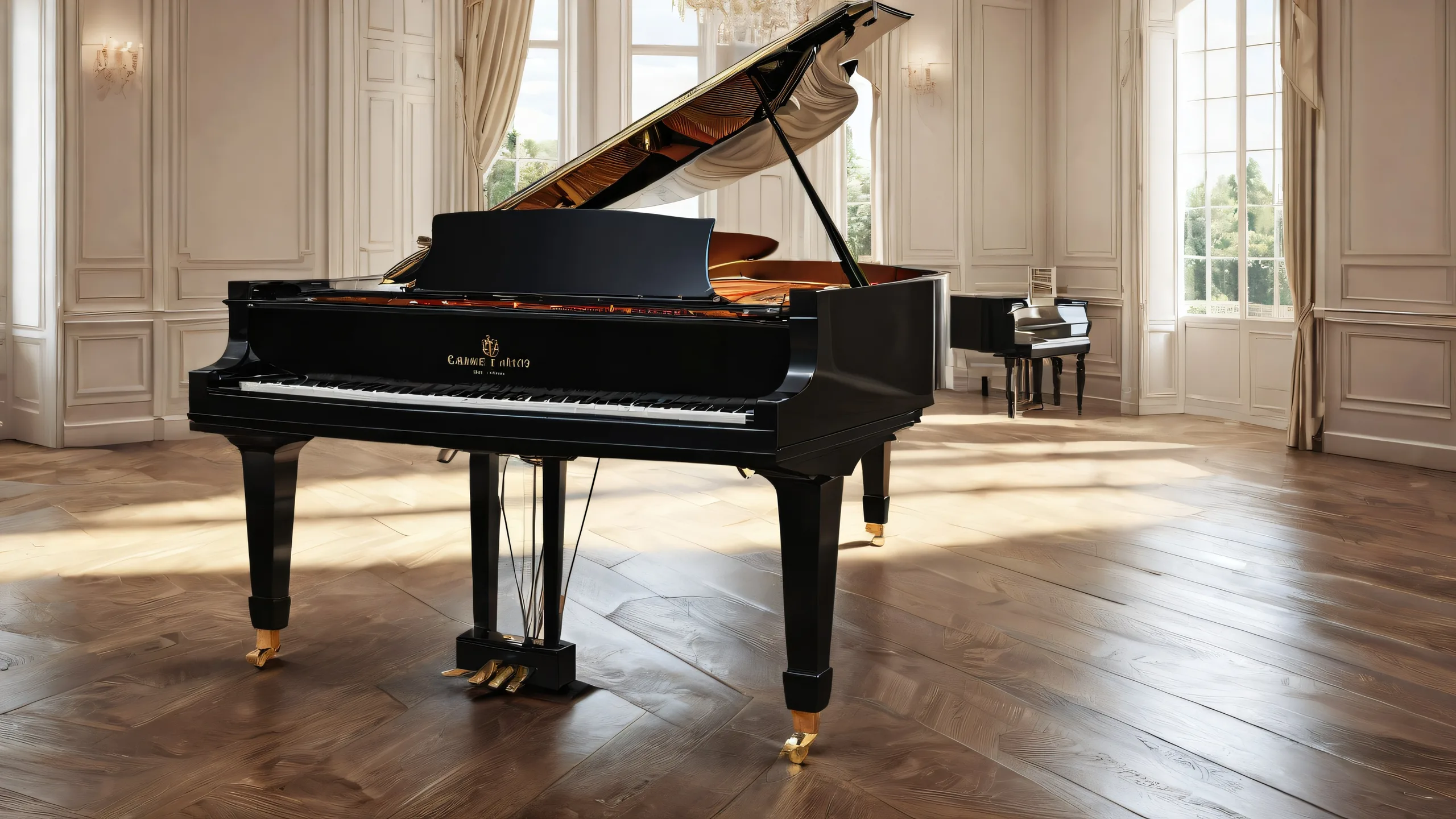 A stunning desktop wallpaper of a grand piano set against a vast, pure void. Perfect for your PC or Desktop.