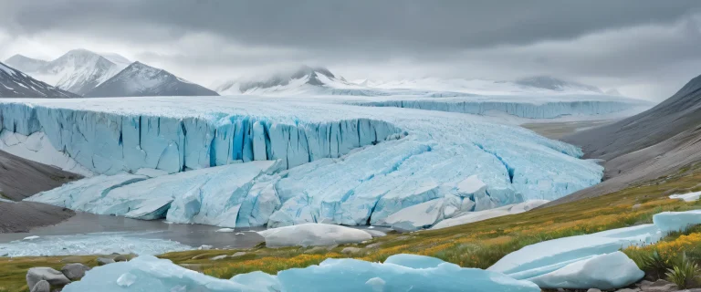 A majestic desktop scene of glaciers and stone on a rainy day for PC/ Desktop use.