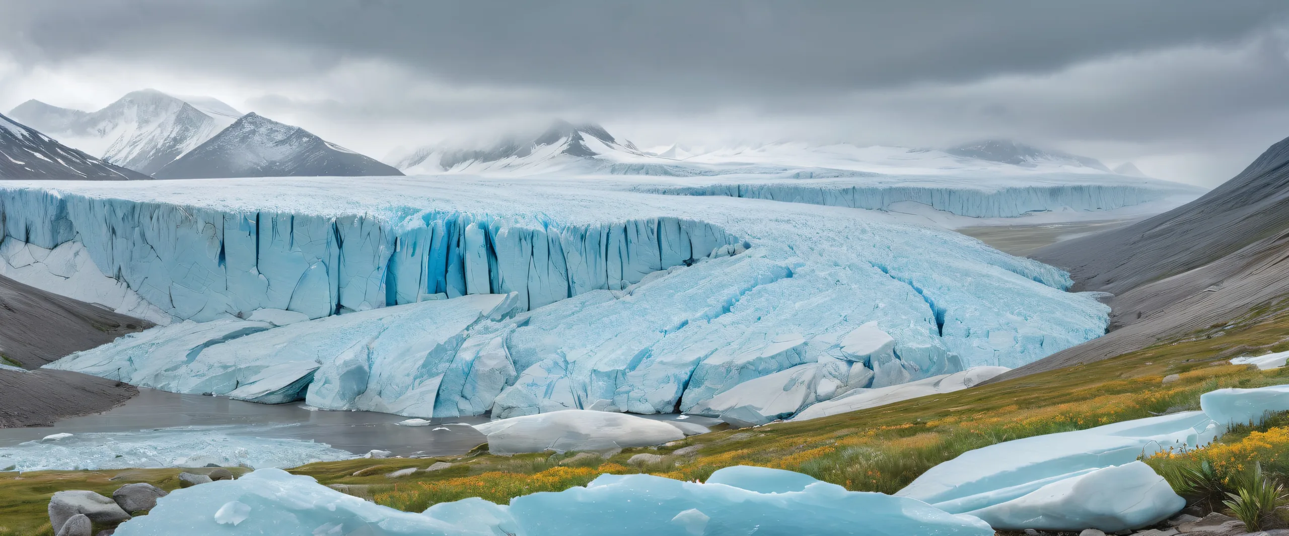 A majestic desktop scene of glaciers and stone on a rainy day for PC/ Desktop use.