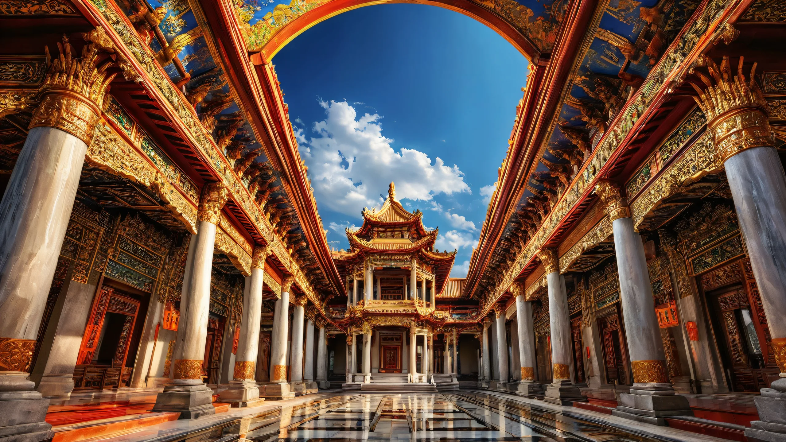 A breathtaking desktop wallpaper featuring perfectly clean vast pure void with extreme depth of field, emphasizing the grandeur of Asian architecture on a Desktop/PC.