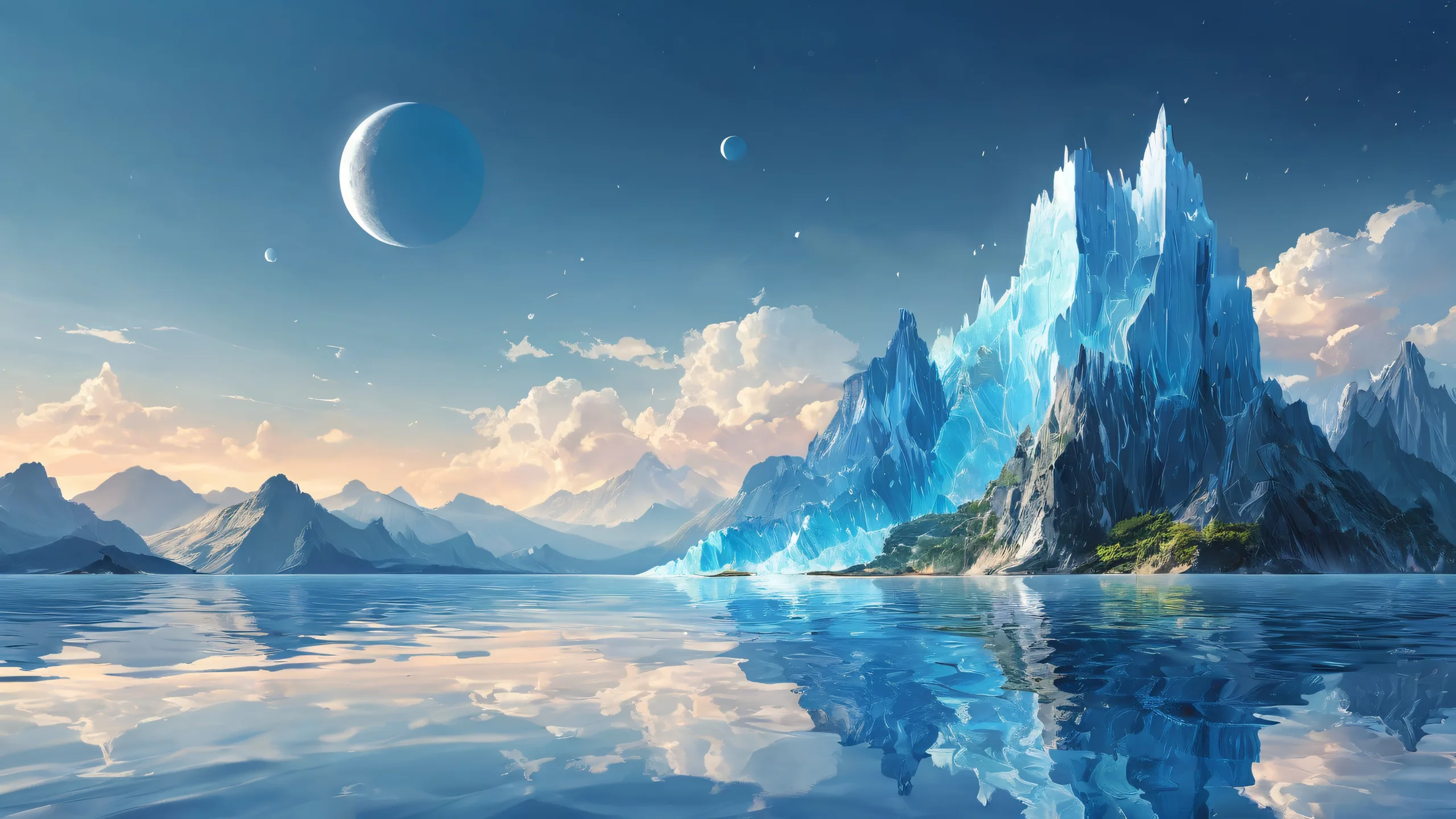 A serene and majestic desktop wallpaper featuring a pure void with radiant gray-blue ethereal lighting, perfect for those who desire a calming and peaceful computing experience on their Desktop/PC.