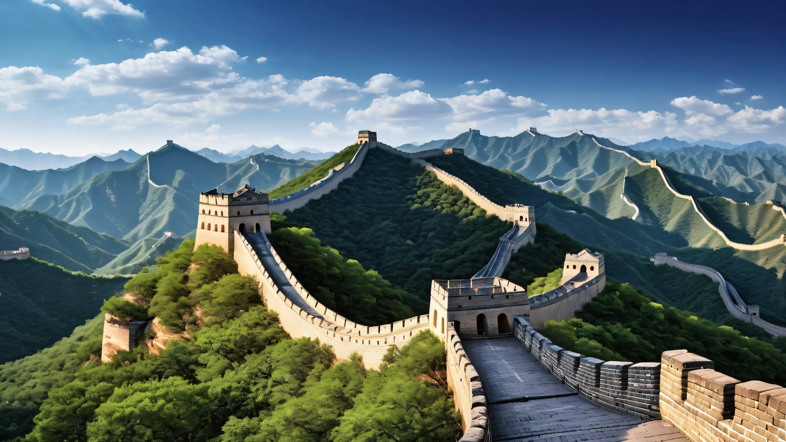 A majestic desktop wallpaper of the Great Wall of China against a bright blue sky at dawn, perfect for your PC or Desktop