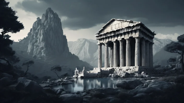 A serene Grecian temple in a vast, dark forest with deep blacks and crisp contrast for your desktop/pc.