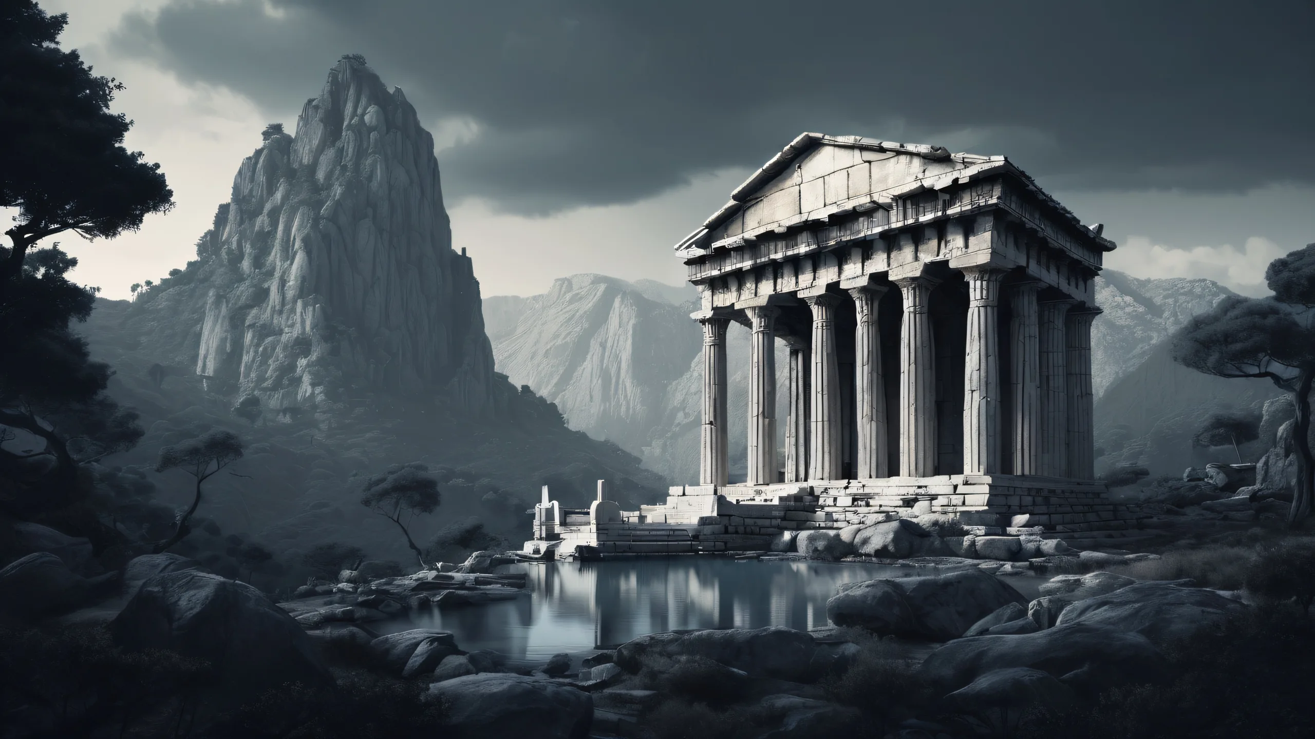 A serene Grecian temple in a vast, dark forest with deep blacks and crisp contrast for your desktop/pc.