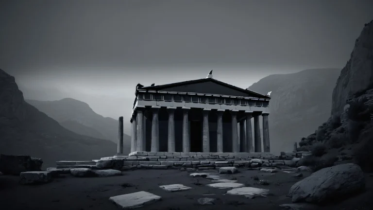 A serene Greek temple scene with grey fog and blurring far mountains on a desktop or PC background.