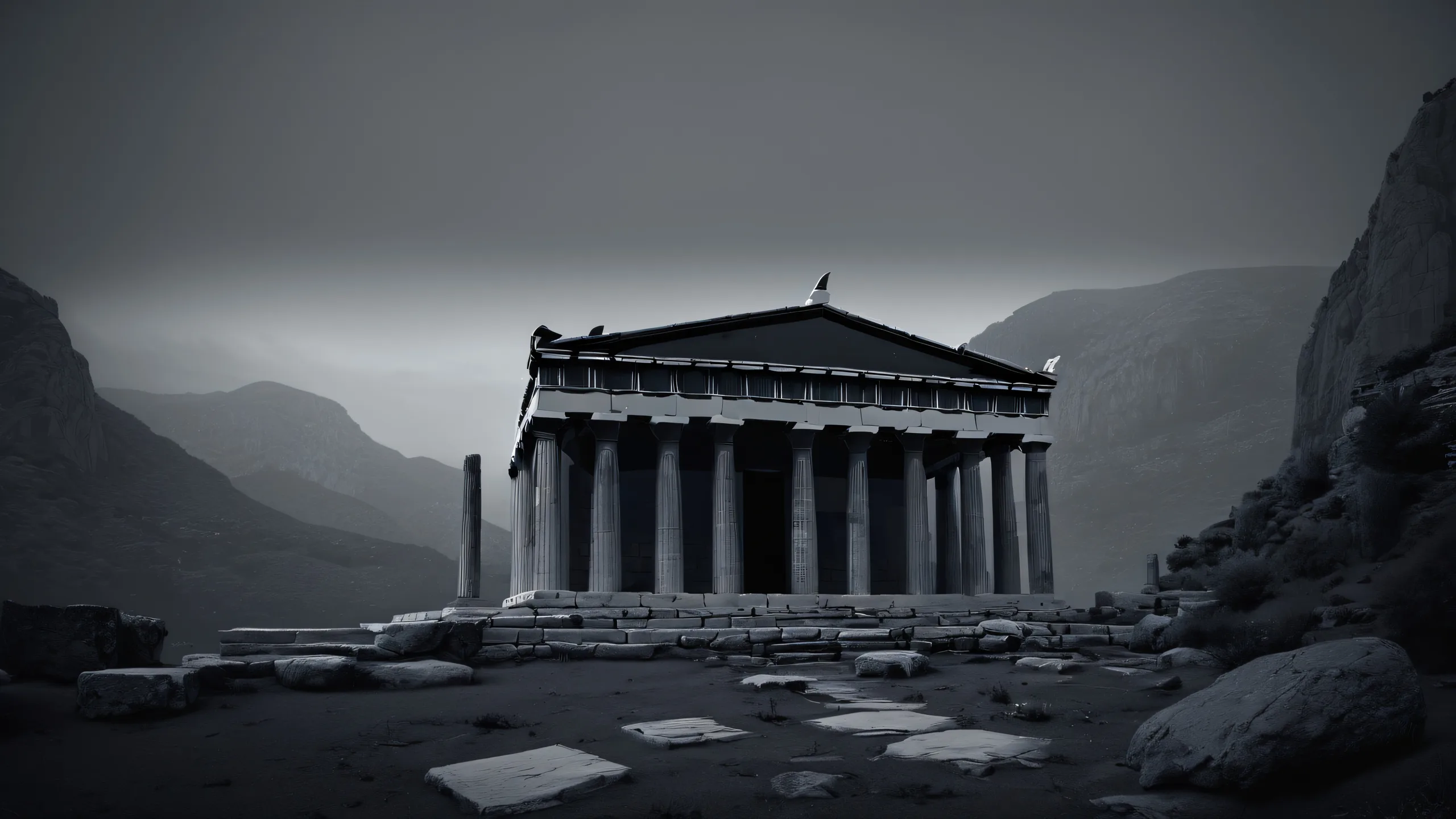 Greek Temple in Eternal Fog 4K UHD Wallpaper A serene Greek temple scene with grey fog and blurring far mountains on a desktop or PC background.