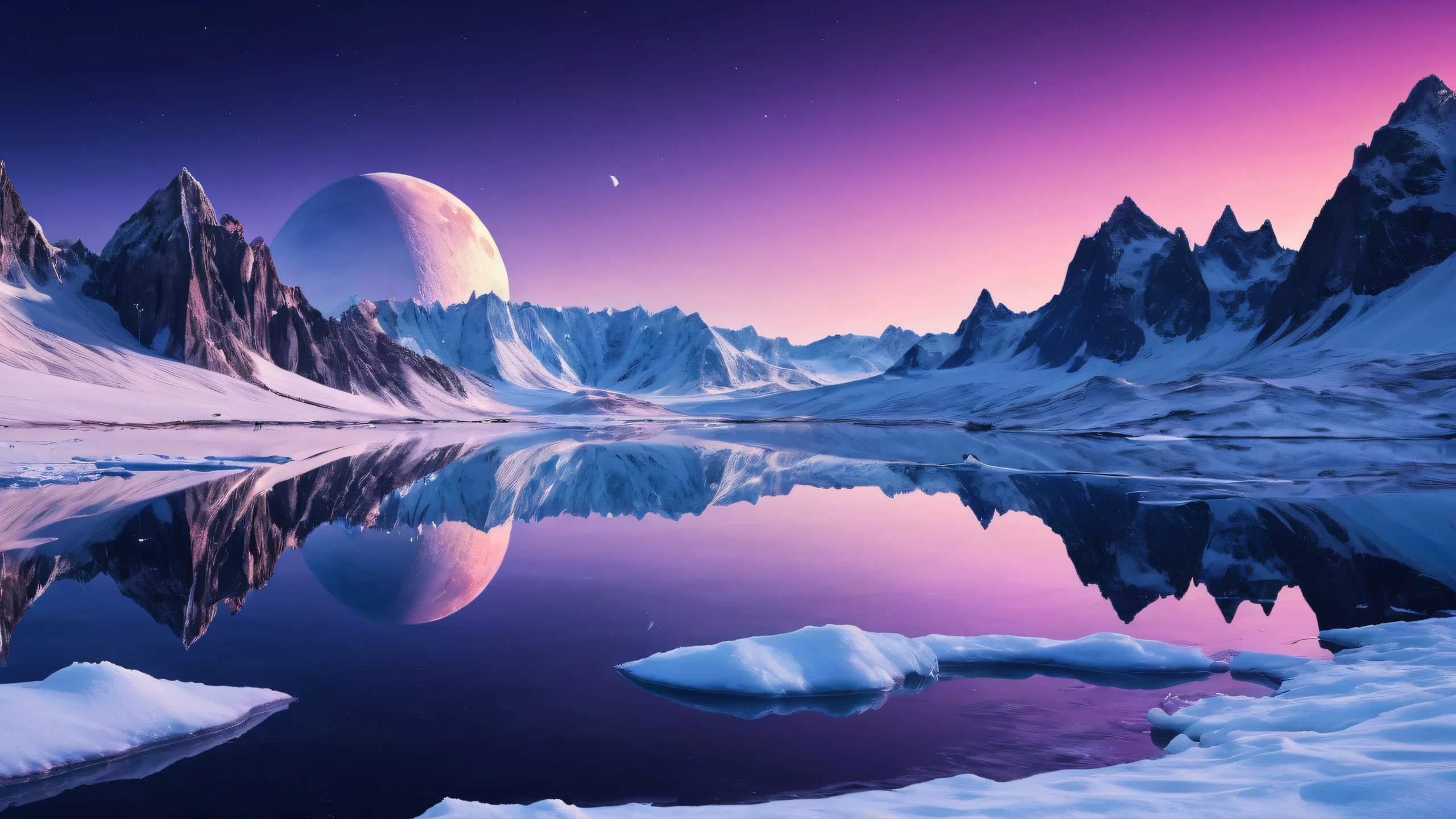 A stunning desktop wallpaper of an alien planet's surface during a harsh winter, with pristine snow cover and freezing cold temperatures. Perfectly clean vast pure voids dominate the landscape, creating an epic breathtaking scale that is reminiscent of dark anime style.