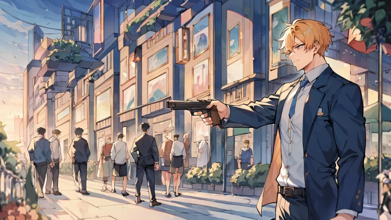 A stunning anime illustration of boys with guns set against a perfectly clean vast pure void, ideal para uso en escritorio/PC.
