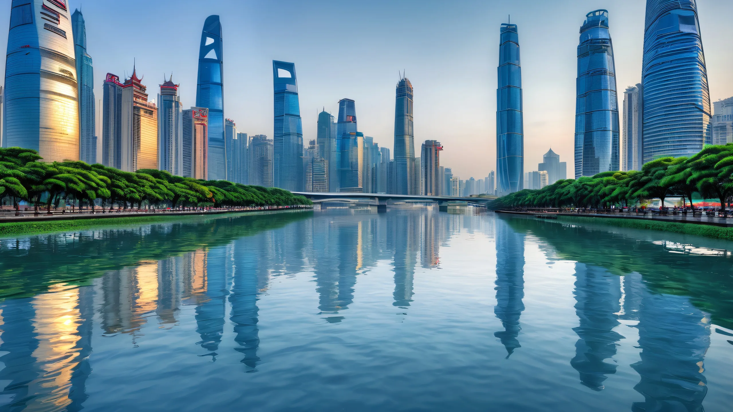 A serene morning desktop scene featuring Guangzhou's cityscape under ethereal lighting on a pure void, suitable for PC and Desktop use.