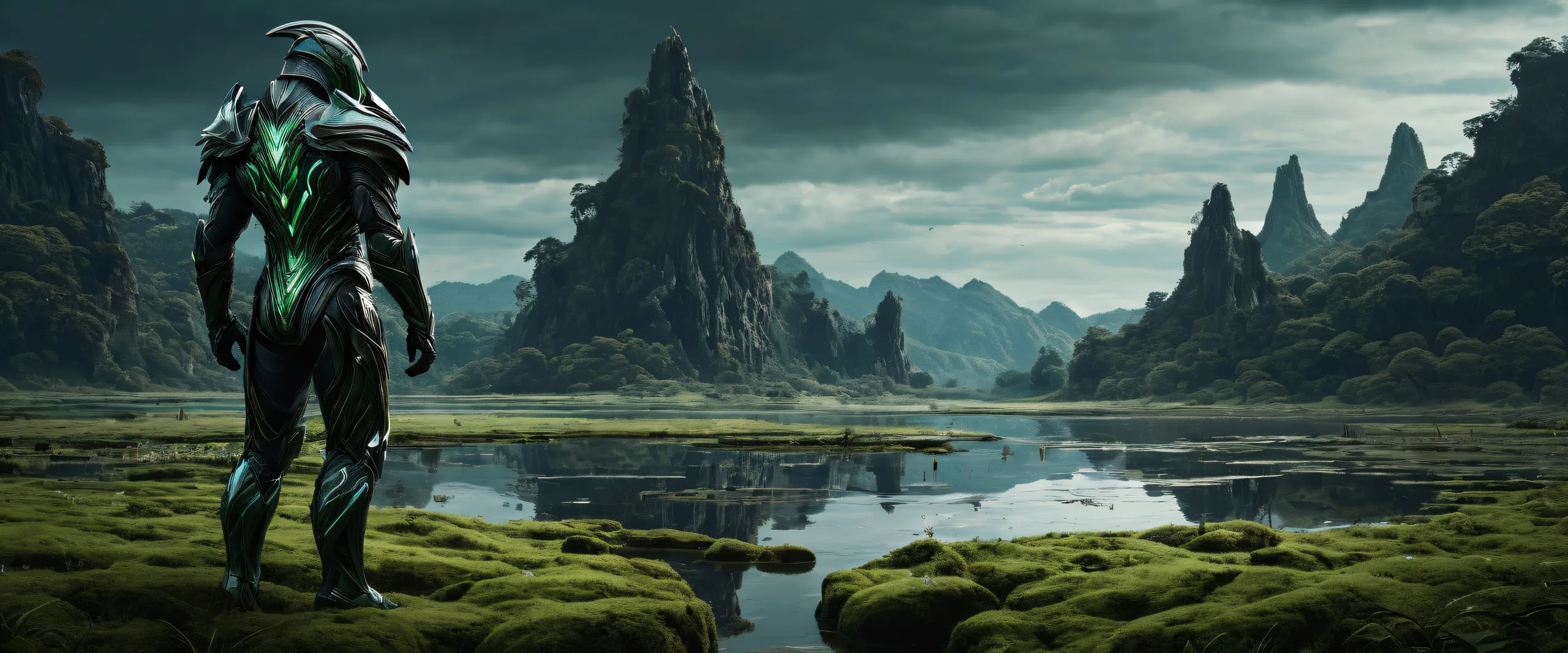 Massive humanoid guardian standing in a vast pure void with a flooded grassland background on Desktop/PC