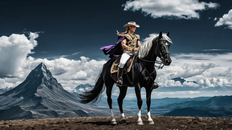 A fantasy desktop wallpaper featuring Gyro Zeppeli and horse against a vast, pure void with majestic mountains and clouds in the background. Perfect for Desktop/PC users seeking an immersive experience.
