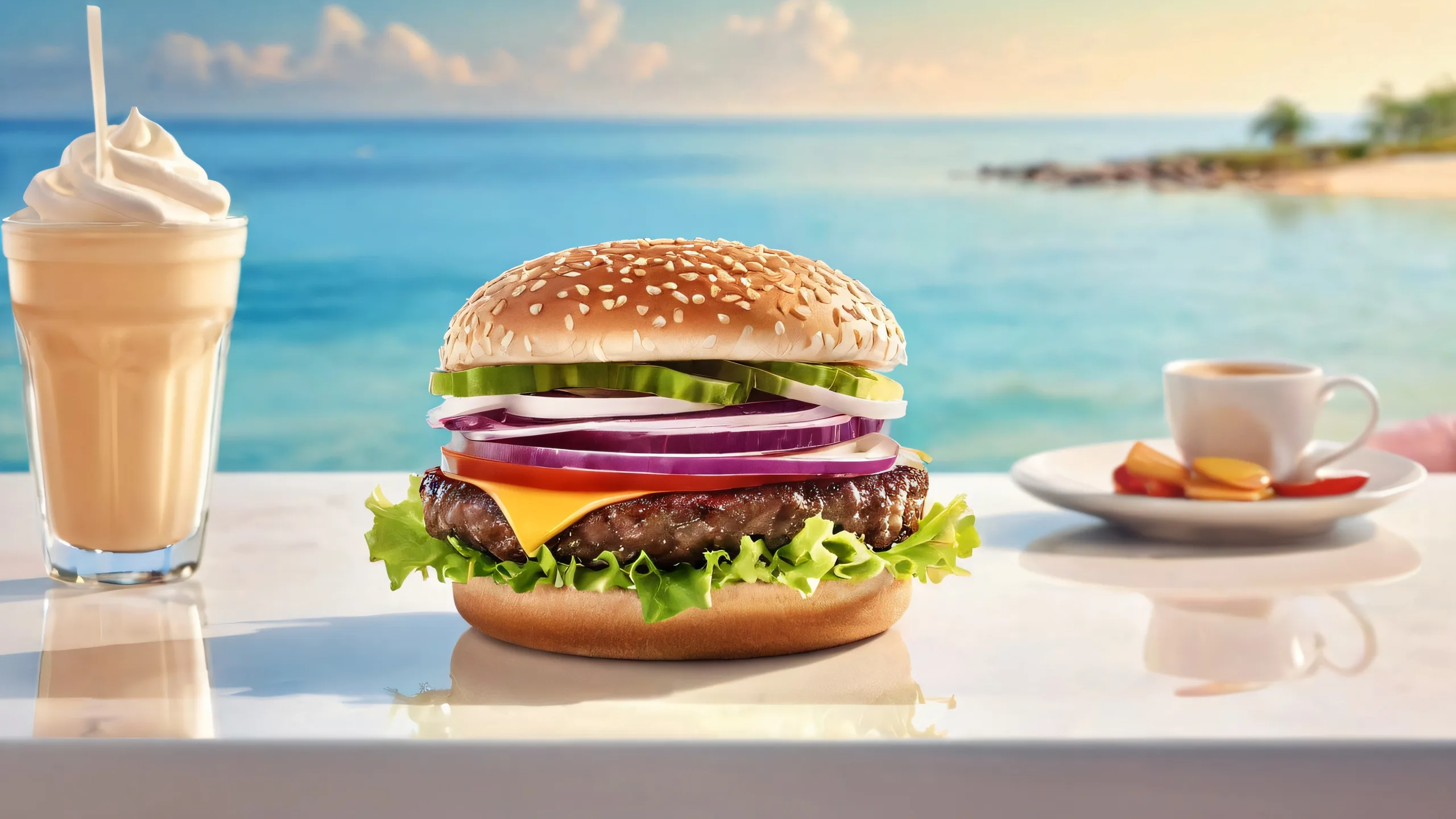 Epic Hamburger Horizon of Delight Desktop Wallpaper Ethereal desktop wallpaper featuring a hamburger in a vast void, perfect for your PC or Desktop