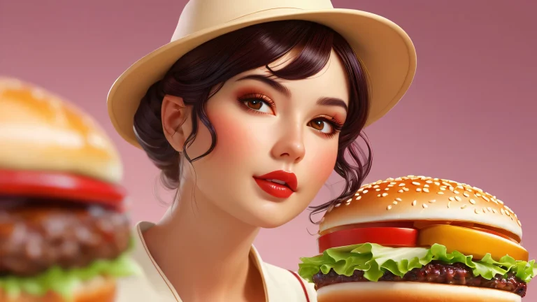 A stunning desktop wallpaper of Hamburger Lady set against a vast pure void with subtle gradient effects, Perfekt für Ihren PC oder Desktop.