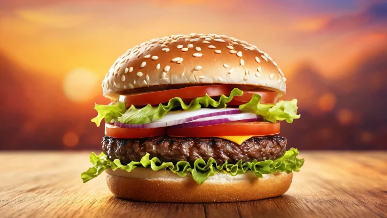 A perfectly clean and whimsical desktop wallpaper of a hamburger set against a vast pure void with subtle texture of a grill, ideal for use on Desktop/PC.