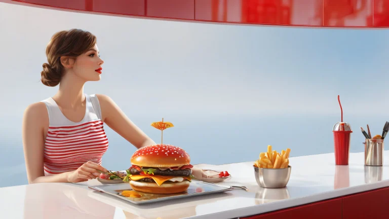 A stunning desktop image of Hamburger Woman in a vast pure void with extreme depth of field, perfeito para seu PC ou Desktop.