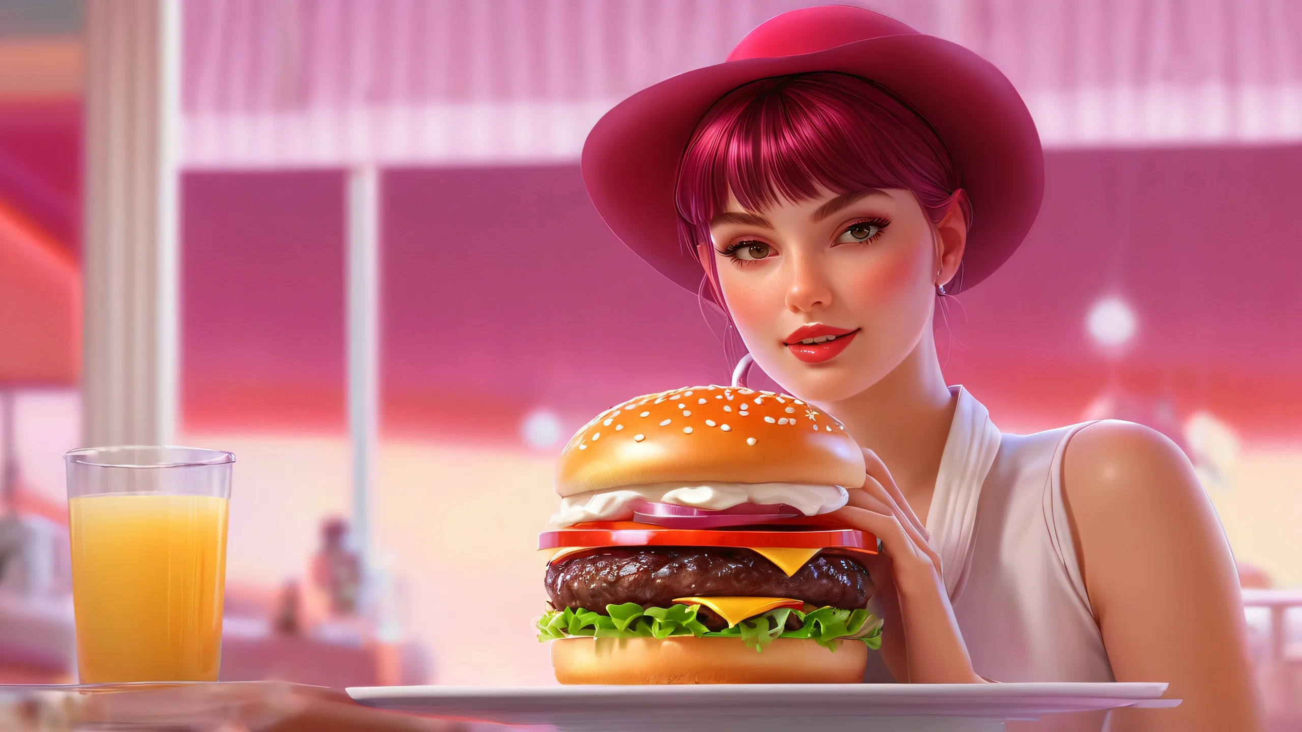 Hamburger Woman desktop wallpaper with stunning ethereal lighting and deep burgundy tones on a clean void background, perfect for Desktop/PC
