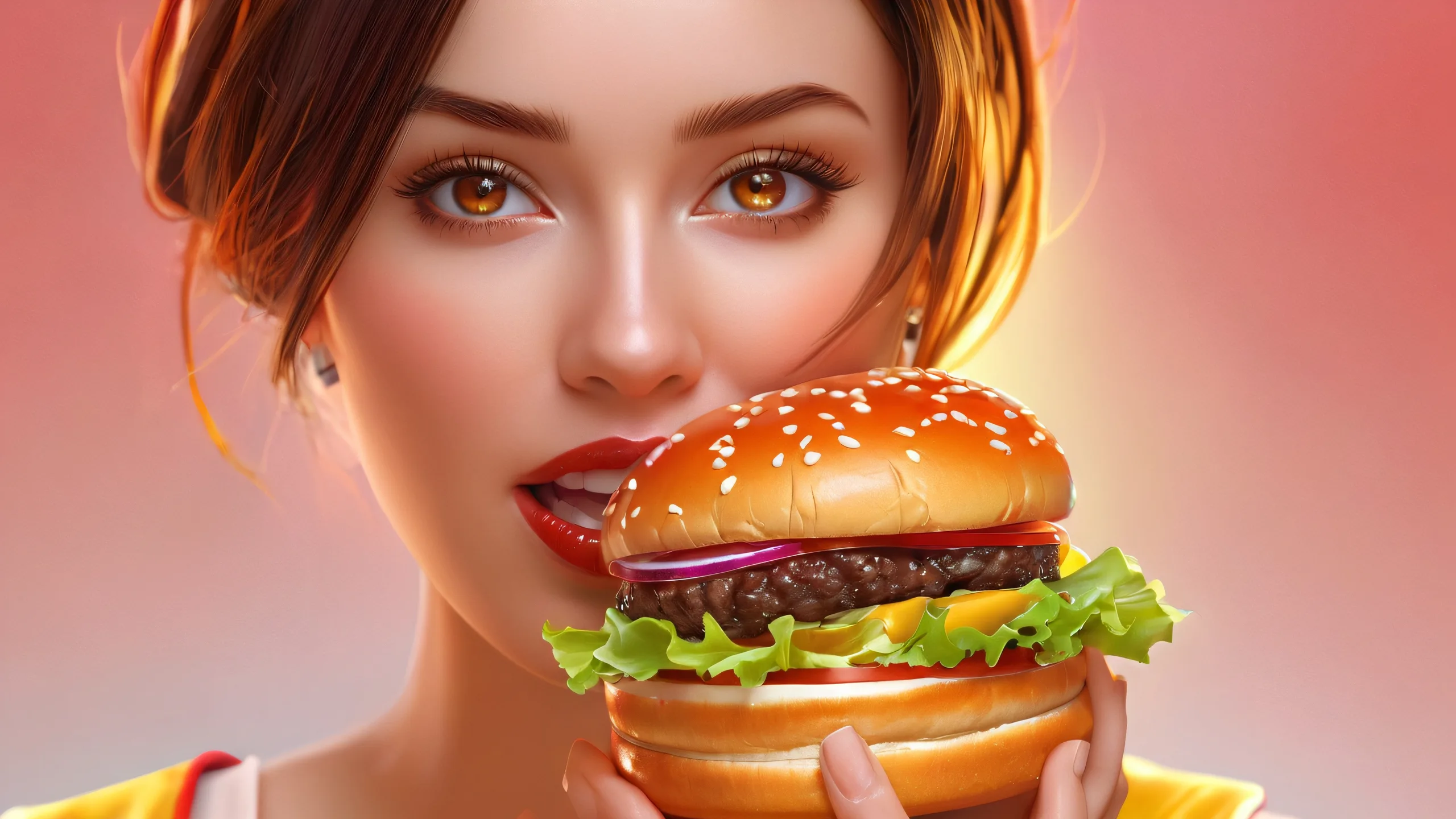 Ethereal Depths Unfolds 4K UHD Wallpaper A stunning desktop wallpaper of Hamburger Woman set against a vast, pure void with extreme depth of field and subtle ambient occlusion, suitable for Desktop/PC use.